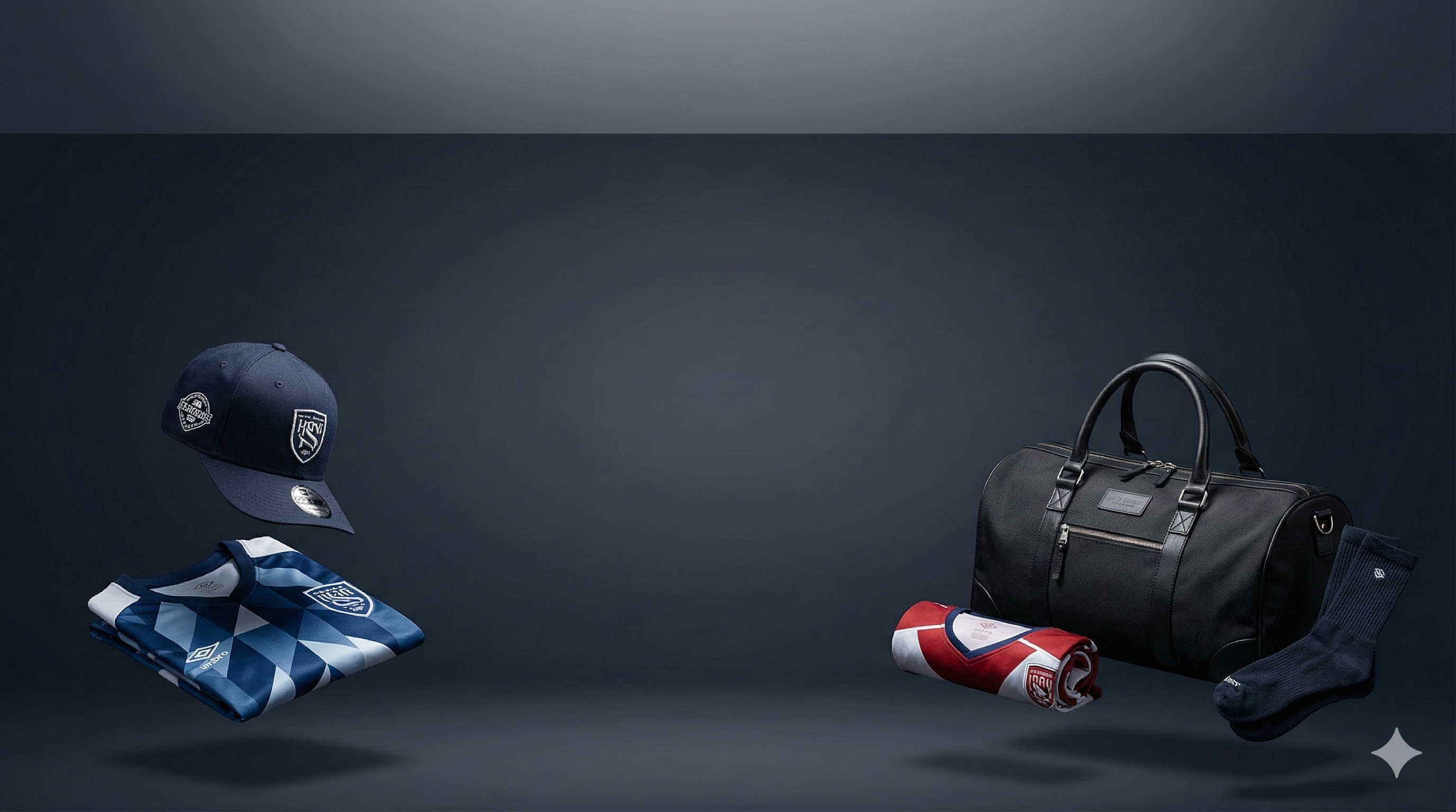 Collection of sports gear including a cap, towel, and duffel bag on a dark background